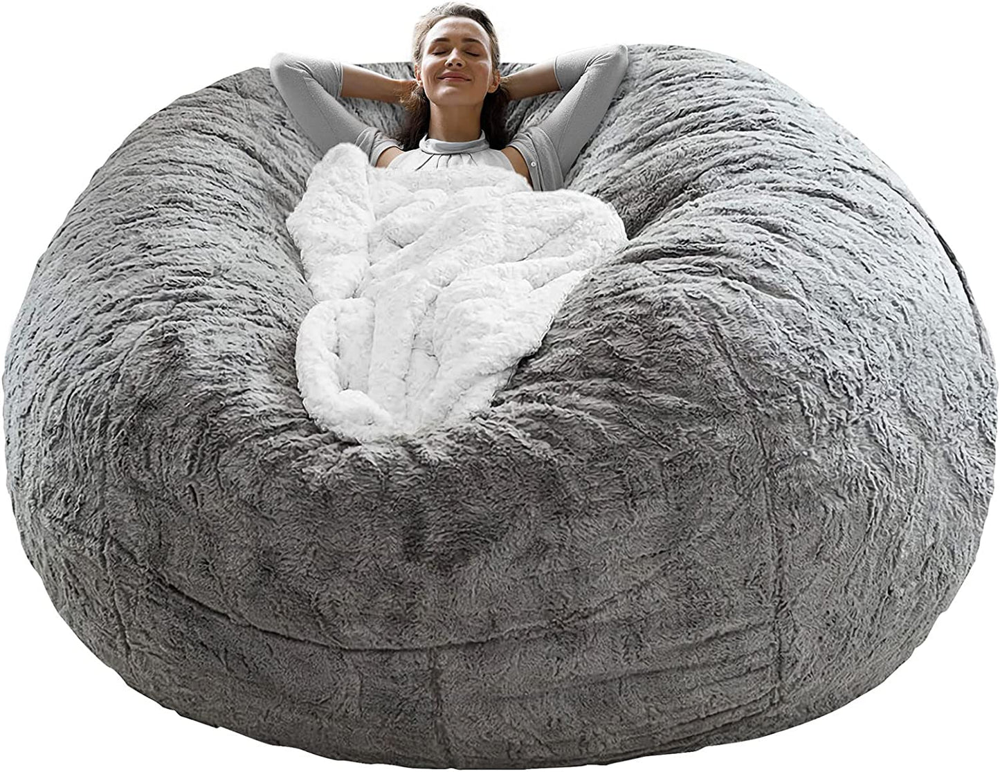 TJ Bean Bag Chair Coverit Was Only A Cover, Not A Full Bean Bag Chair Cushion, Big Round Soft Fluffy PV Velvet Sofa Bed Cover, Living Room Furniture, Lazy Sofa Bed Cover,5ft Light Grey
