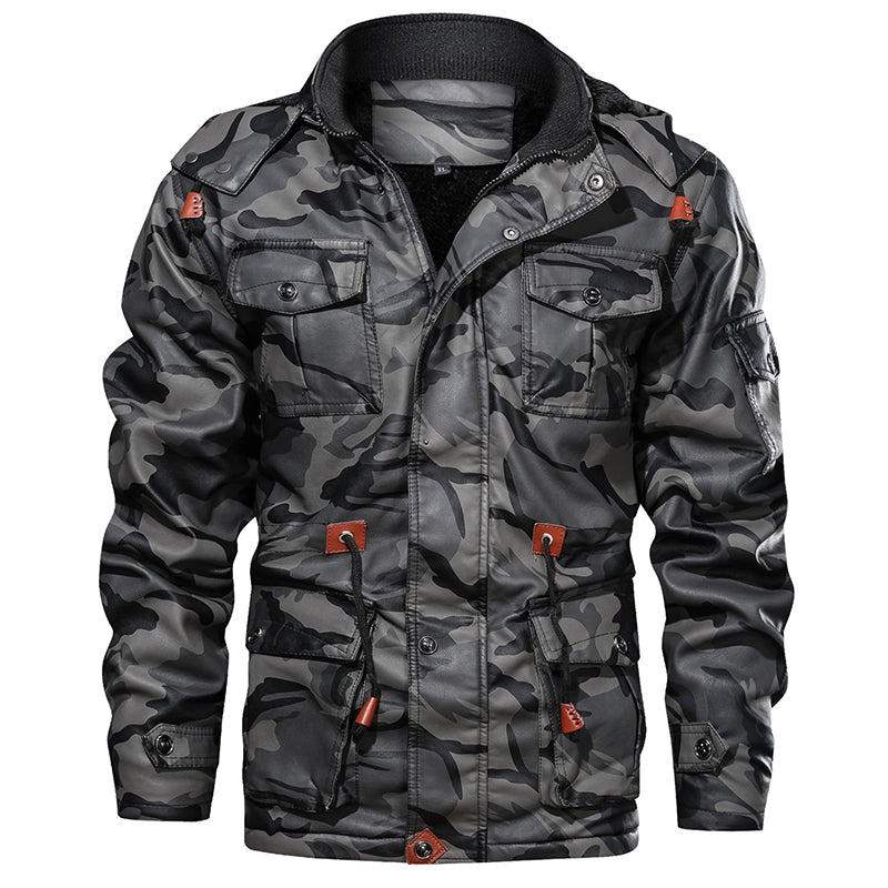 TJ Winter Men Leather Jacket Thick Military Hooded Men Coats