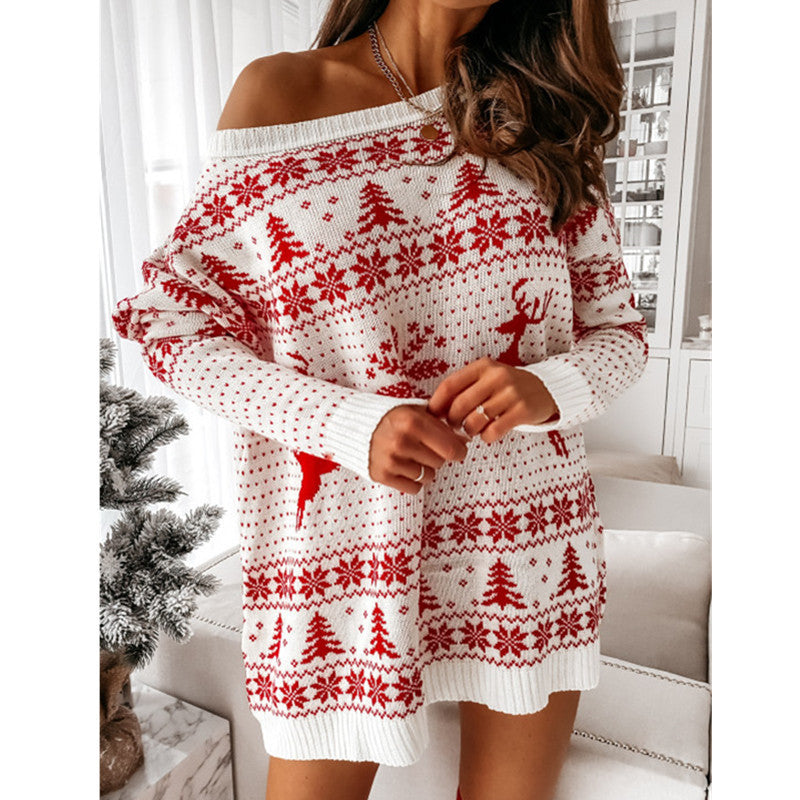 TJ Ladies Christmas Jacquard Loose Knit Long Sleeve Dress