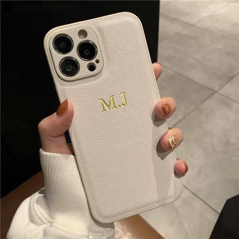 TJ Personalised Customized Name Case For iPhone 15 14 13 12 11 Pro Max Initials Letters Leather DIY Engraved Cover 13 14 15 Pro Max
