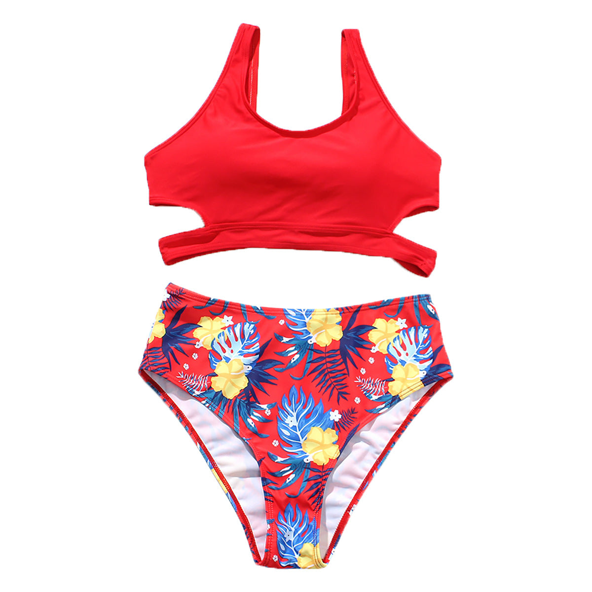 TJ Ladies High Waist Solid Color Printed Swimsuit