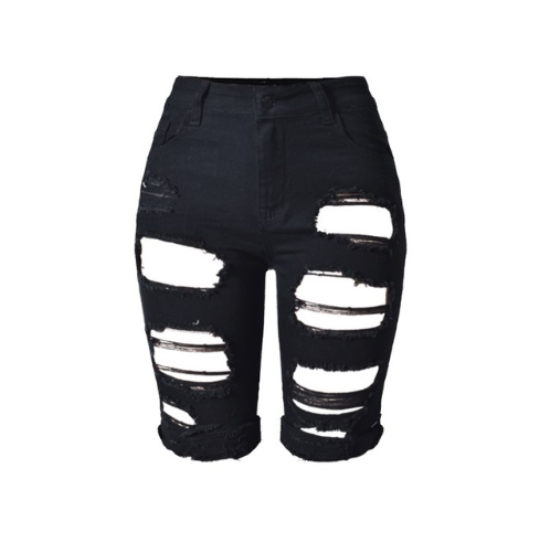 TJ High waist personality, hole, middle pants, street fashion, the same paragraph, wild slim stretch pants, large size