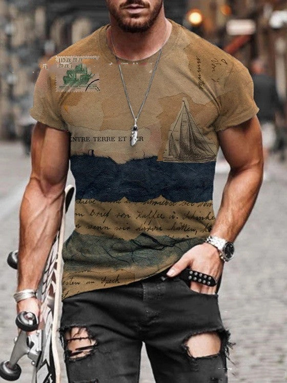 TJ Men's Round Neck Retro Print Casual Short Sleeves