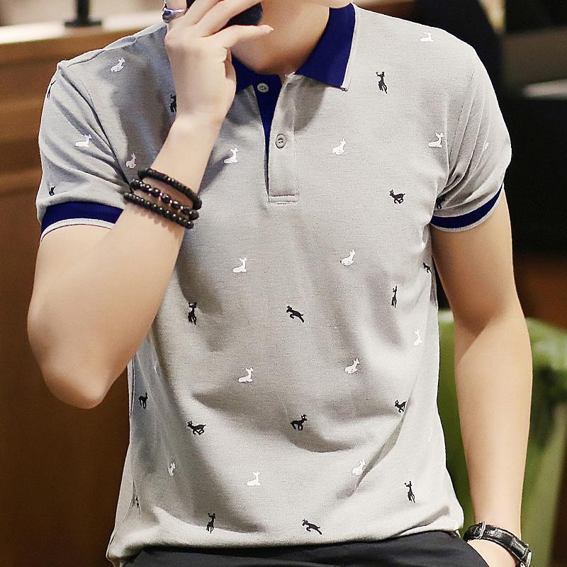 TJ Short Sleeve T-shirt Men''s One Summer Men''s Thin Polo Shirt Fawn Print Lapel T-Shirt Large