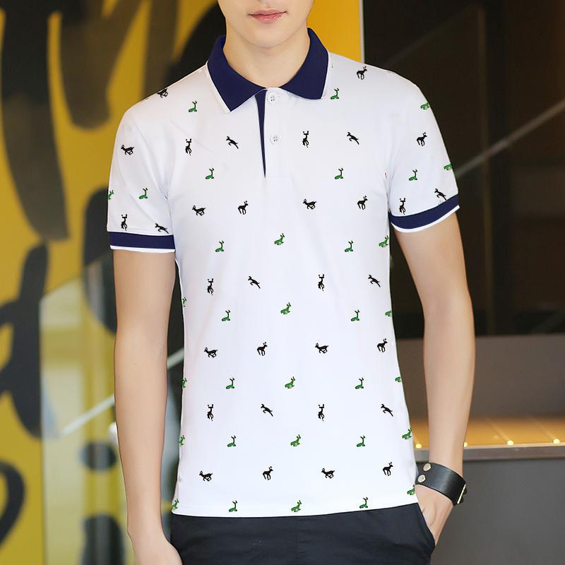 TJ Short Sleeve T-shirt Men''s One Summer Men''s Thin Polo Shirt Fawn Print Lapel T-Shirt Large