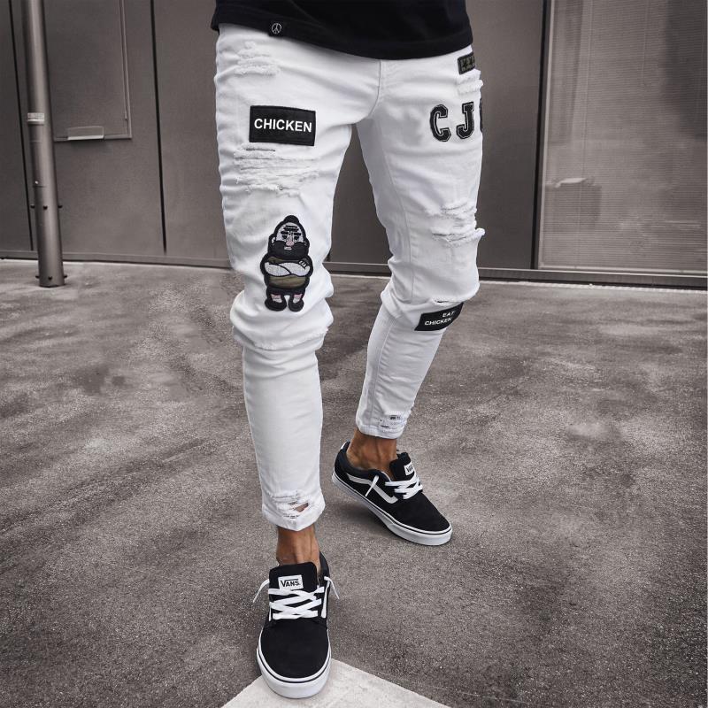 TJ White High-end Denim Men's Trousers Cross-border Foreign Trade Hole Trend Black Slim Jeans Men
