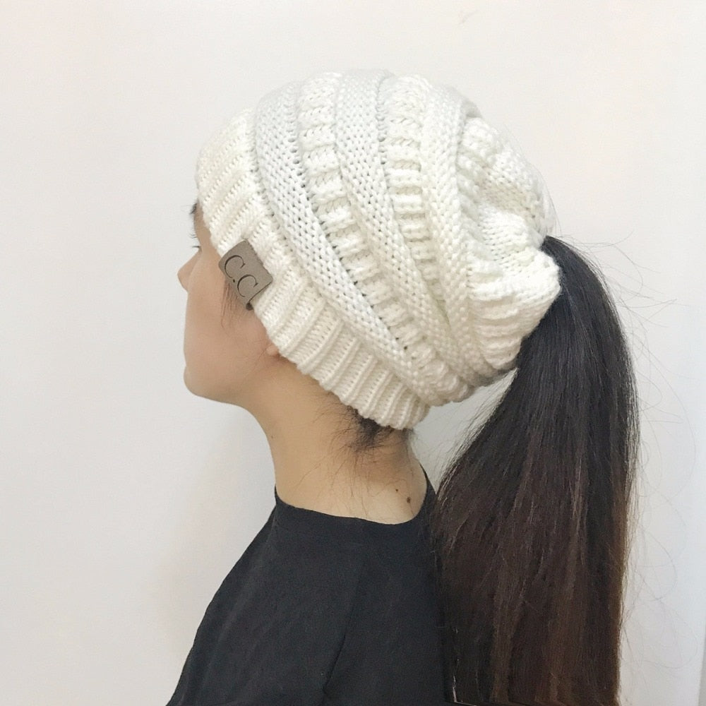 TJ High Bun Ponytail Beanie Hat Chunky Soft Stretch Cable Knit Warm Fuzzy Lined Skull Beanie Acrylic Hats Men And Women