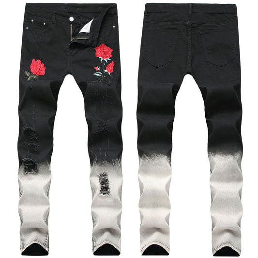 TJ Black Feet Pants Rose Embroidered Shredded Jeans