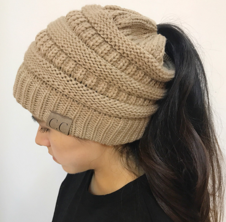 TJ High Bun Ponytail Beanie Hat Chunky Soft Stretch Cable Knit Warm Fuzzy Lined Skull Beanie Acrylic Hats Men And Women