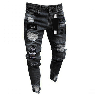 TJ White High-end Denim Men's Trousers Cross-border Foreign Trade Hole Trend Black Slim Jeans Men