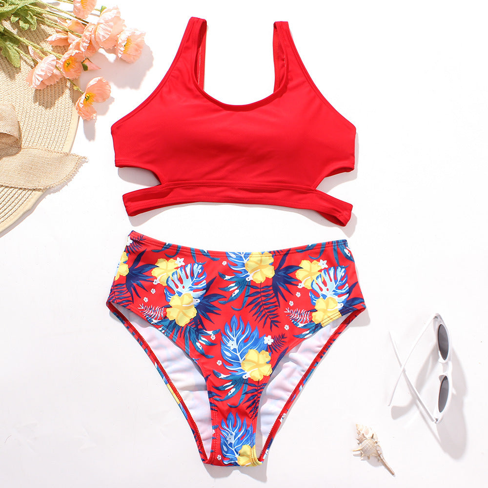 TJ Ladies High Waist Solid Color Printed Swimsuit