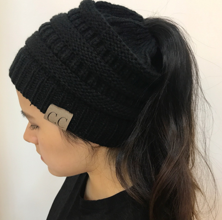 TJ High Bun Ponytail Beanie Hat Chunky Soft Stretch Cable Knit Warm Fuzzy Lined Skull Beanie Acrylic Hats Men And Women
