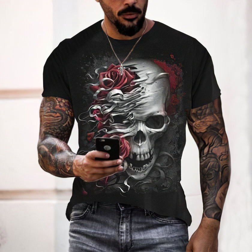 TJ Summer 3D Personality Skull Full-body Printing T-shirt Foreign Trade Men's Trend Short-sleeved