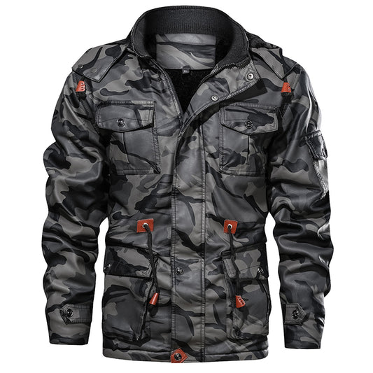 TJ Winter Men Leather Jacket Thick Military Hooded Men Coats