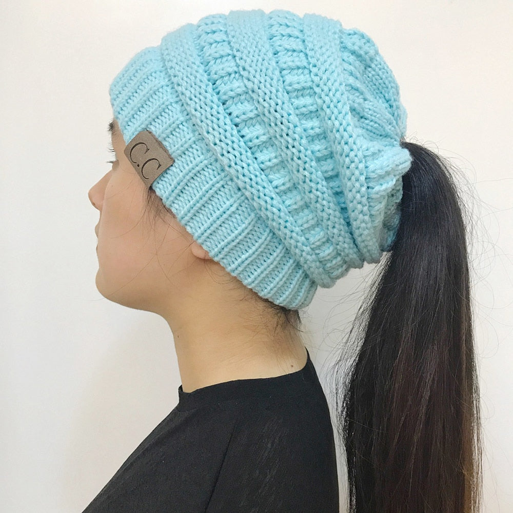 TJ High Bun Ponytail Beanie Hat Chunky Soft Stretch Cable Knit Warm Fuzzy Lined Skull Beanie Acrylic Hats Men And Women