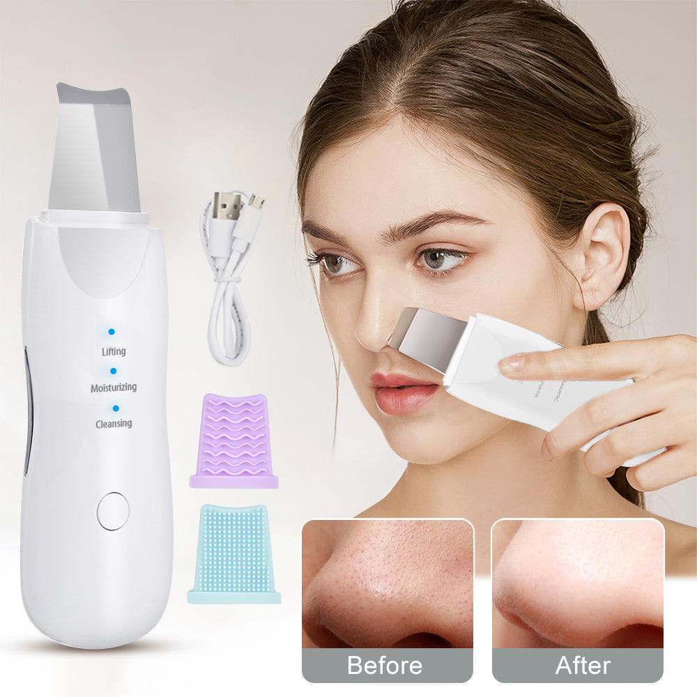 TJ Ultrasonic Skin Scrubber Deep Face Cleaning Machine Peeling Shovel Facial Pore Cleaner Face Skin Scrubber Lift Beauty Instrument Ultrasonic Facial Scrubber Pore Blackhead Remover Spatula Deep Skin Spa