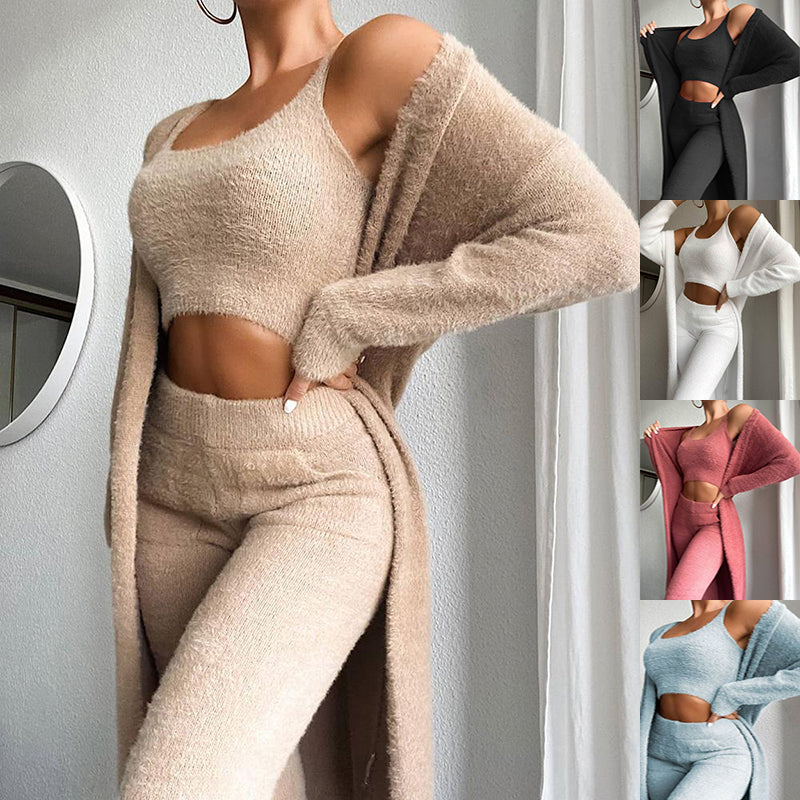 TJ Women Fashion Solid Fluffy Plain Crop Top & Skinny Pants & Longline Coat Set Warm Cozy Suit Sets