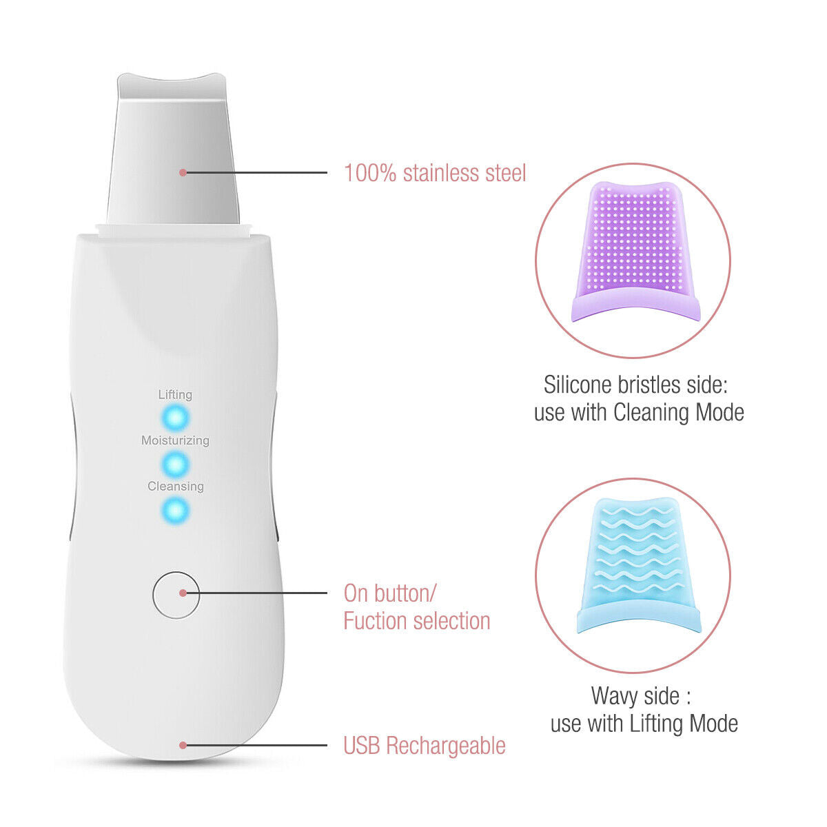 TJ Ultrasonic Skin Scrubber Deep Face Cleaning Machine Peeling Shovel Facial Pore Cleaner Face Skin Scrubber Lift Beauty Instrument Ultrasonic Facial Scrubber Pore Blackhead Remover Spatula Deep Skin Spa
