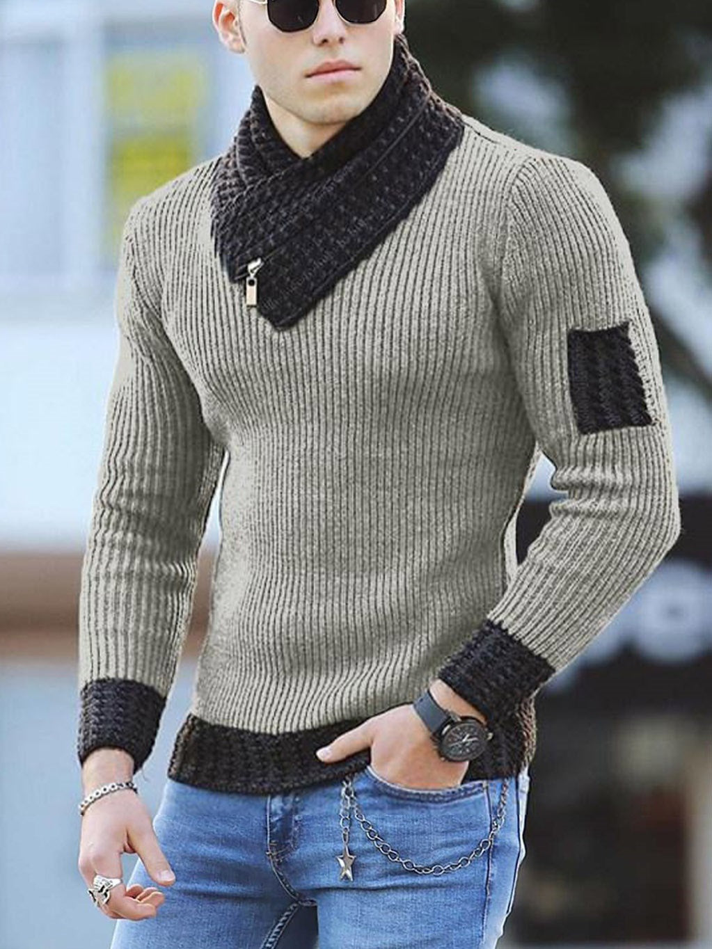TJ Casual Slim Knit Pullover Long Sleeve Scarf Collar Sweater Men's