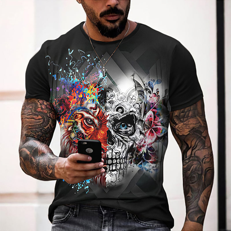 TJ Summer 3D Personality Skull Full-body Printing T-shirt Foreign Trade Men's Trend Short-sleeved