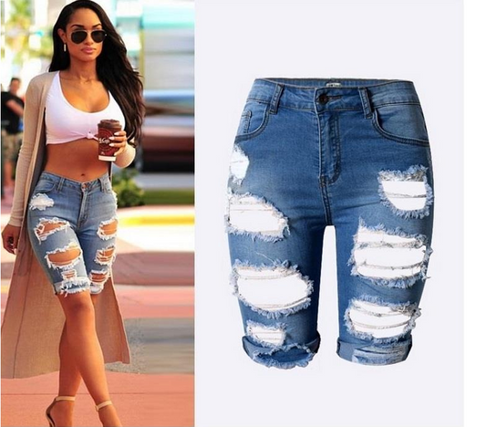 TJ High waist personality, hole, middle pants, street fashion, the same paragraph, wild slim stretch pants, large size