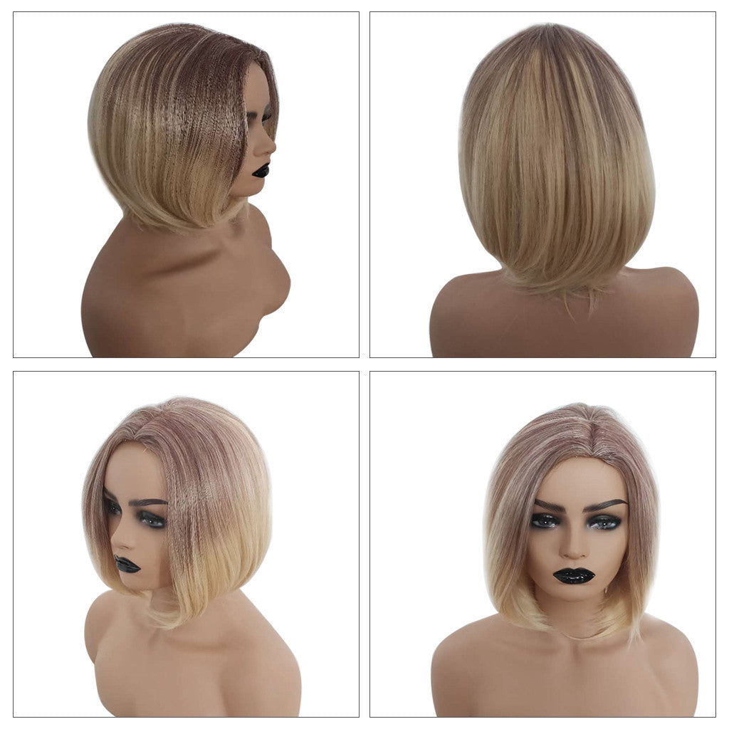 TJ Natural Mix Colors Gold Gradient Short Curly Hair Synthetic Wig Women Full Wigs
