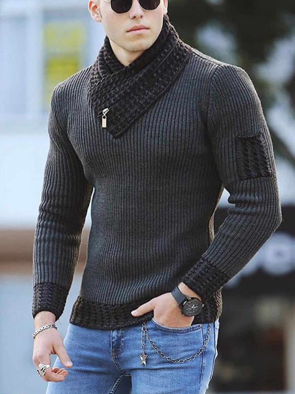TJ Casual Slim Knit Pullover Long Sleeve Scarf Collar Sweater Men's