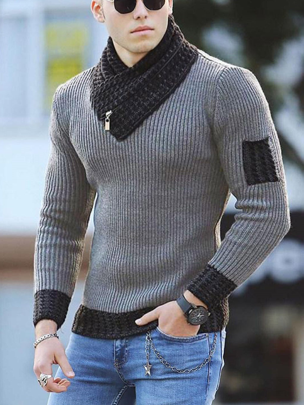 TJ Casual Slim Knit Pullover Long Sleeve Scarf Collar Sweater Men's