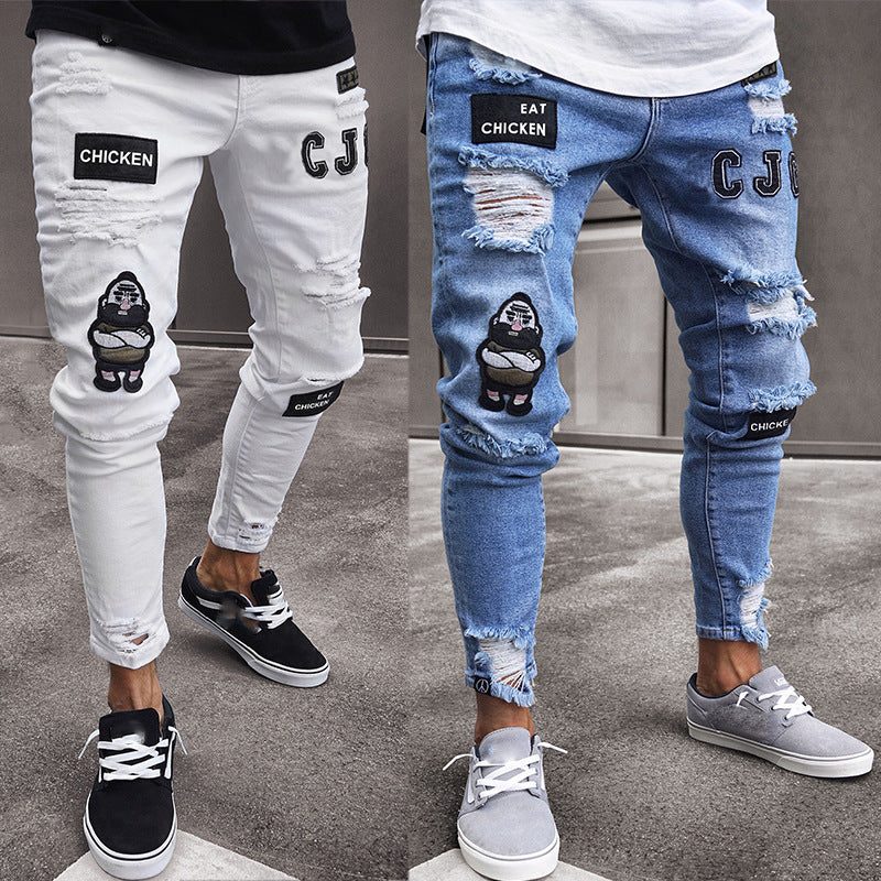 TJ White High-end Denim Men's Trousers Cross-border Foreign Trade Hole Trend Black Slim Jeans Men