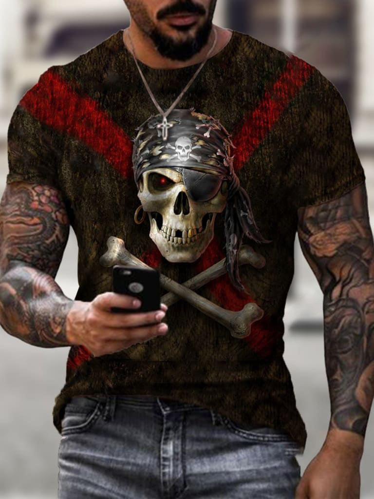 TJ Summer 3D Personality Skull Full-body Printing T-shirt Foreign Trade Men's Trend Short-sleeved