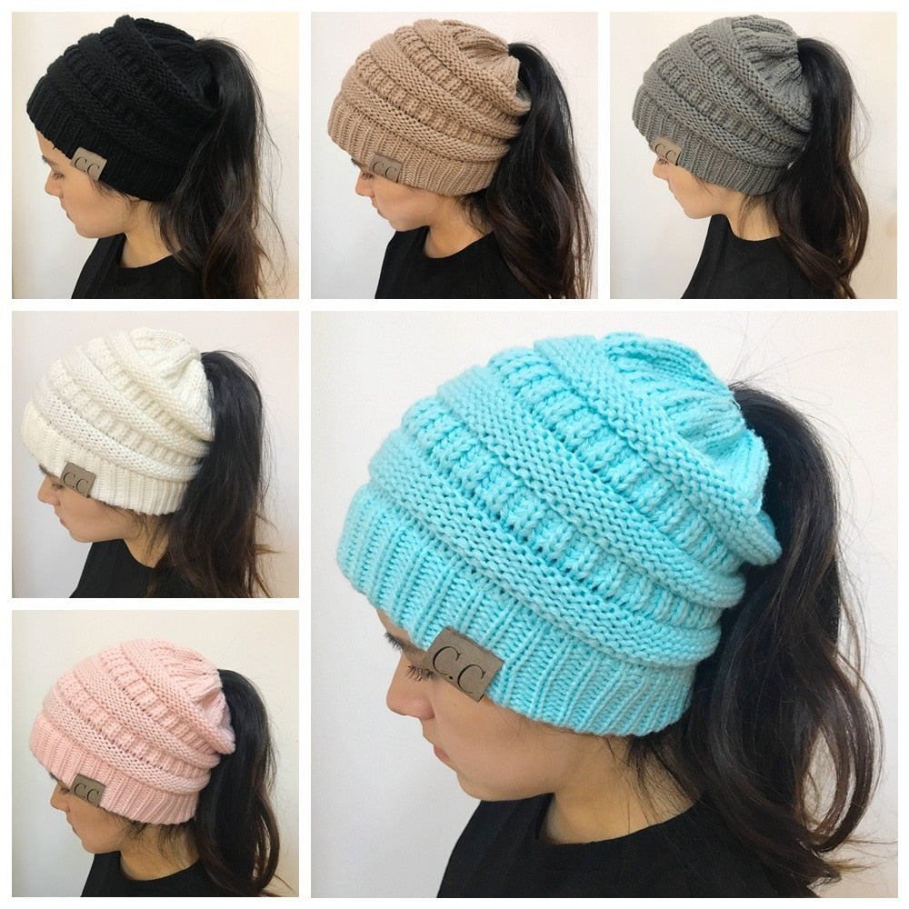TJ High Bun Ponytail Beanie Hat Chunky Soft Stretch Cable Knit Warm Fuzzy Lined Skull Beanie Acrylic Hats Men And Women