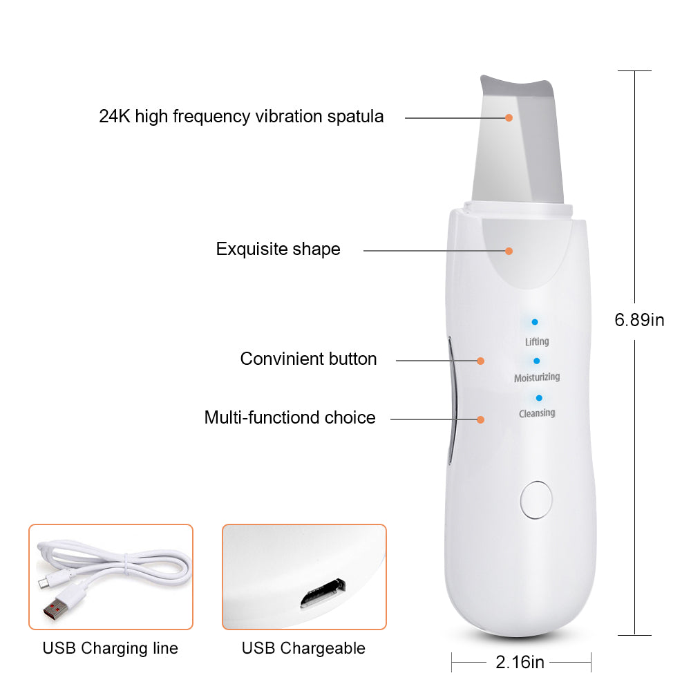 TJ Ultrasonic Skin Scrubber Deep Face Cleaning Machine Peeling Shovel Facial Pore Cleaner Face Skin Scrubber Lift Beauty Instrument Ultrasonic Facial Scrubber Pore Blackhead Remover Spatula Deep Skin Spa