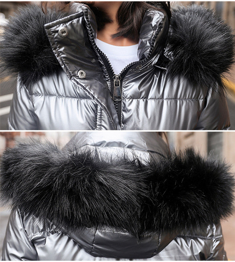 TJ Women's Thickened Long Pearl Shiny Cotton Coat