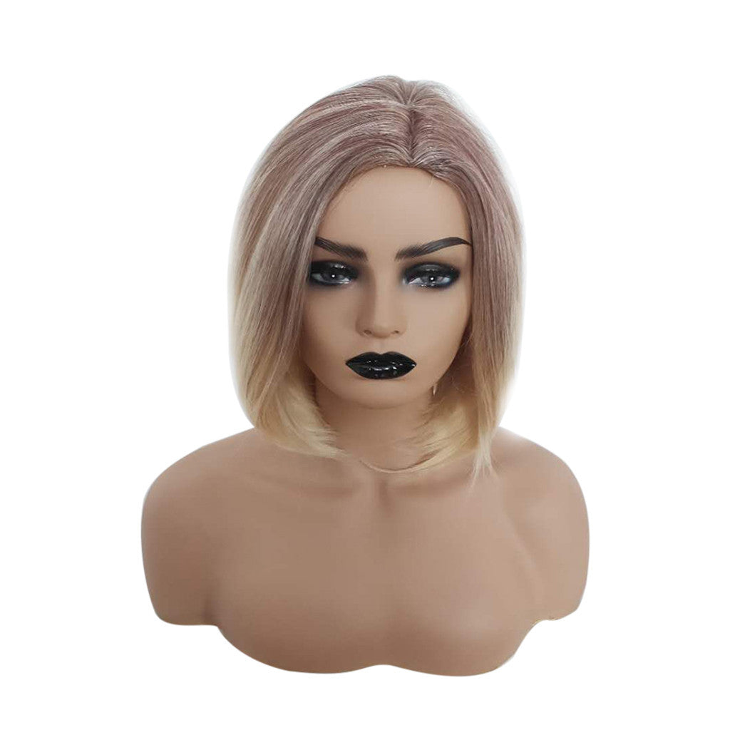 TJ Natural Mix Colors Gold Gradient Short Curly Hair Synthetic Wig Women Full Wigs