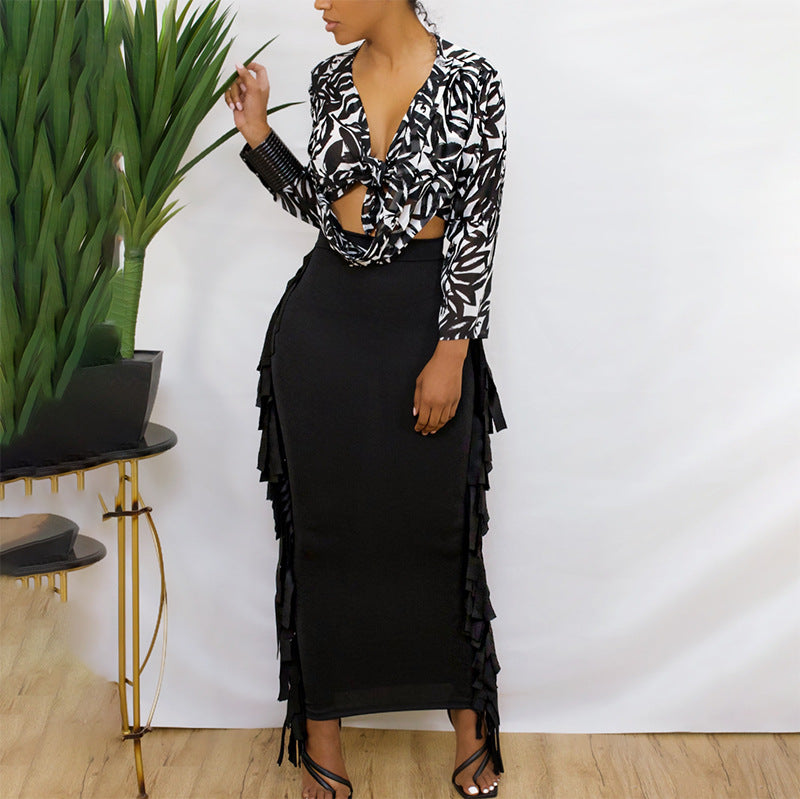 TJ Casual High Waist Pleated Mid-length Fringed Skirt