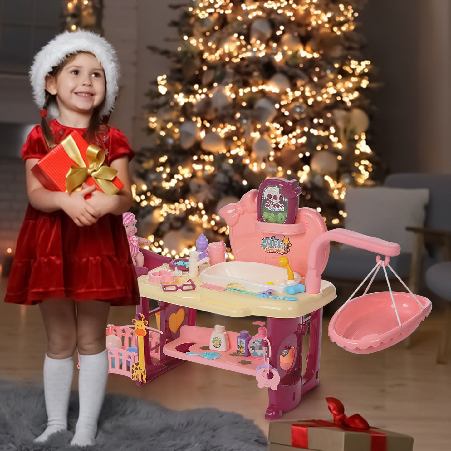 TJ Kids Pet Cat-care Set With Pet Cat With Light Music Pink Toys Playset