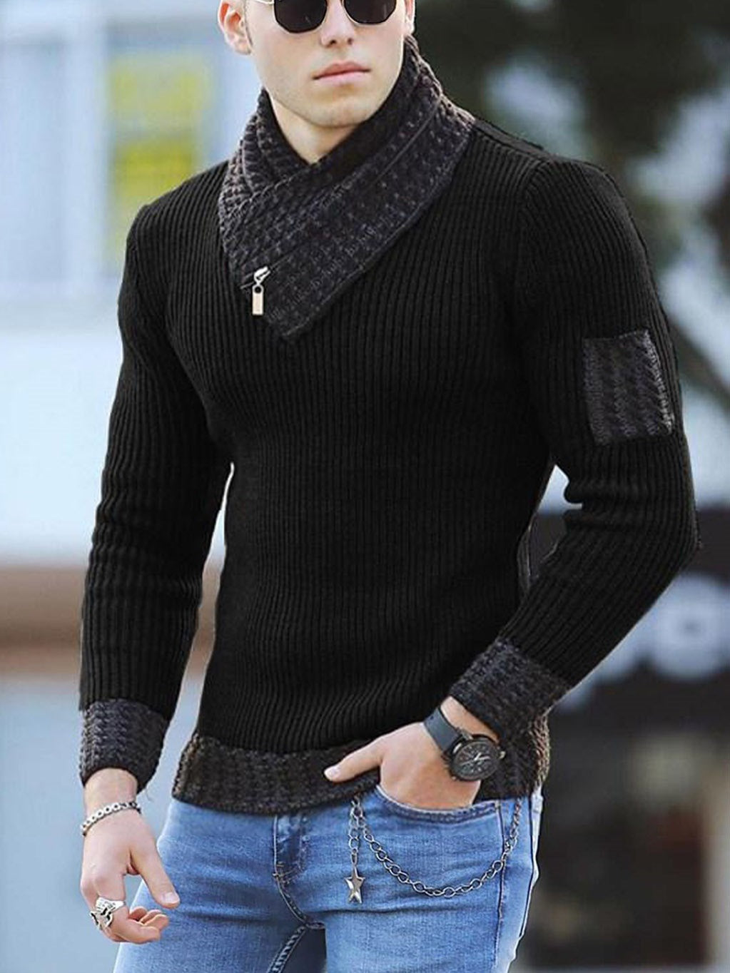 TJ Casual Slim Knit Pullover Long Sleeve Scarf Collar Sweater Men's