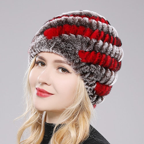 TJ 2023 Women Winter Warm Real Rex Rabbit Fur Snow Hat