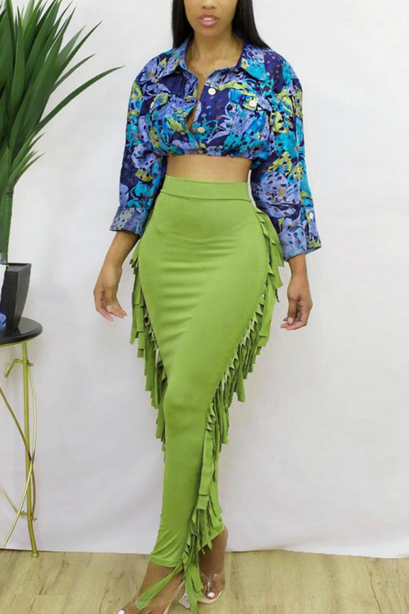 TJ Casual High Waist Pleated Mid-length Fringed Skirt