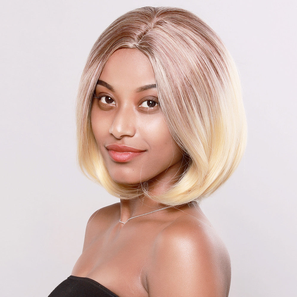 TJ Natural Mix Colors Gold Gradient Short Curly Hair Synthetic Wig Women Full Wigs