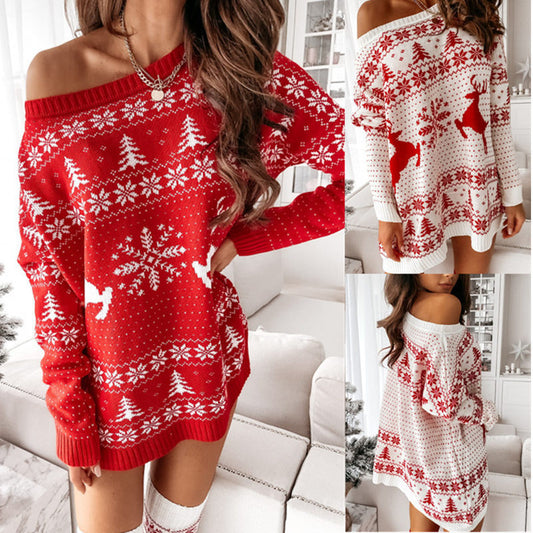 TJ Ladies Christmas Jacquard Loose Knit Long Sleeve Dress