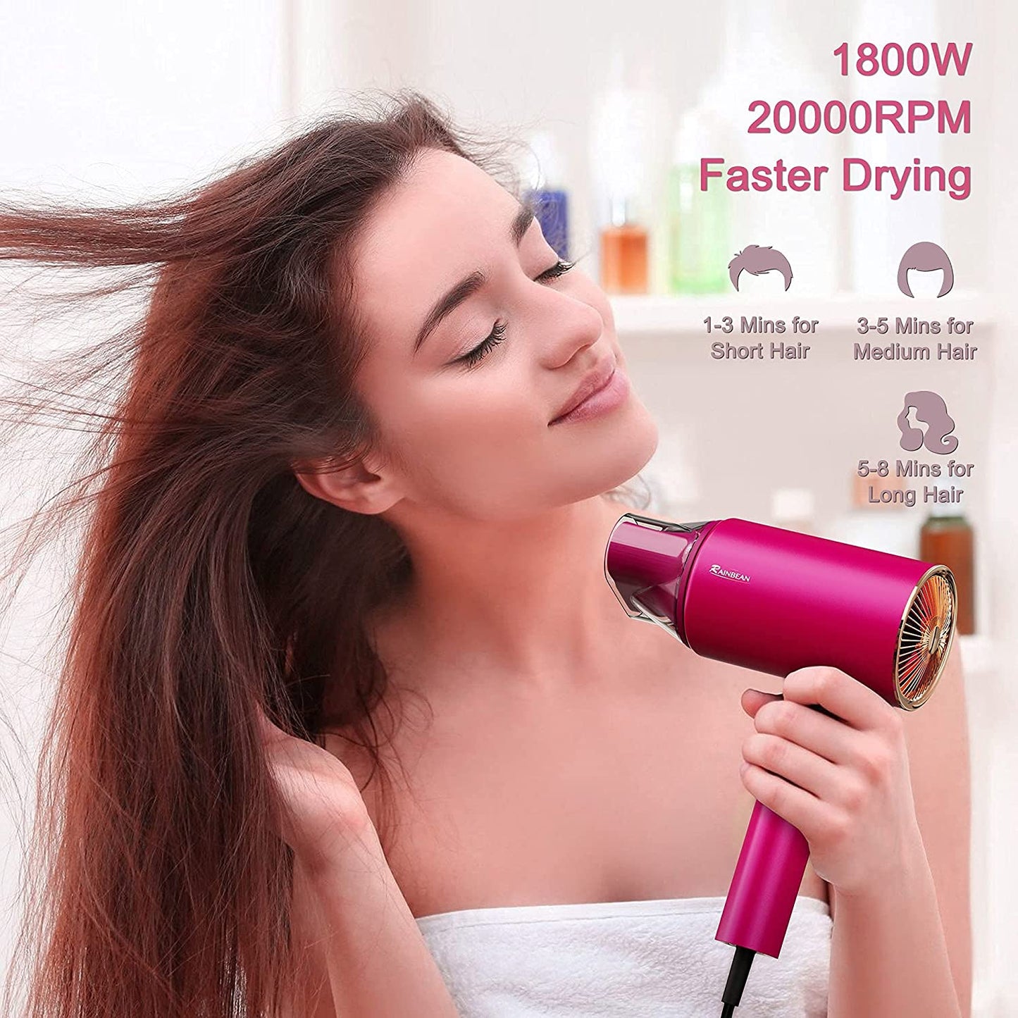 TJ Water Ionic Hair Dryer, 1800W Blow Dryer With Magnetic Nozzle 2 Speed And 3 Heat Settings Powerful Low Noise Fast Drying Travel Hair Dryer For Home Travel