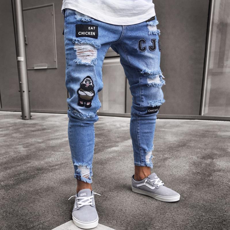 TJ White High-end Denim Men's Trousers Cross-border Foreign Trade Hole Trend Black Slim Jeans Men