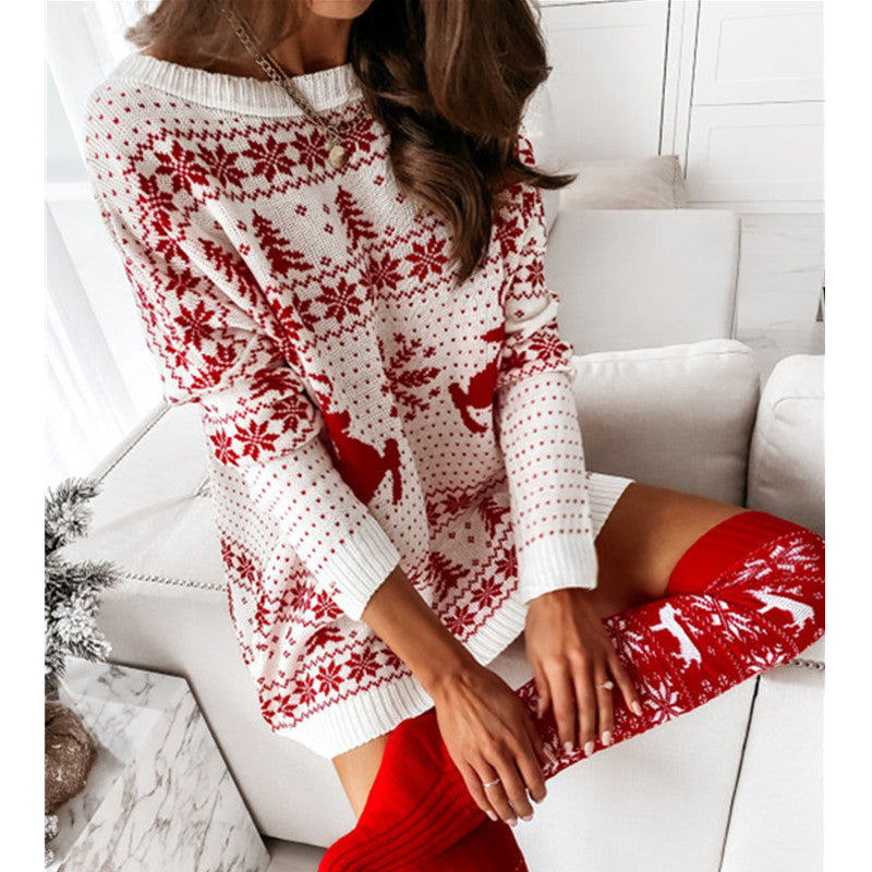 TJ Ladies Christmas Jacquard Loose Knit Long Sleeve Dress