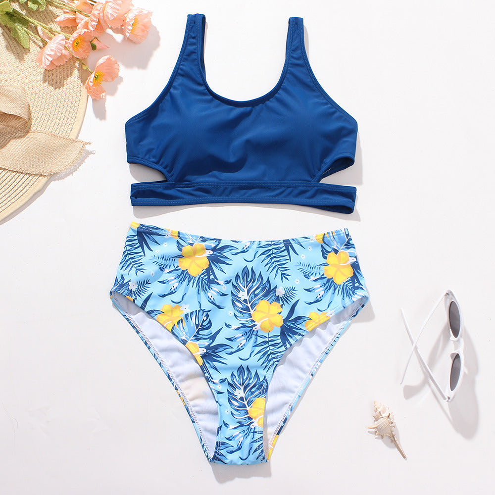 TJ Ladies High Waist Solid Color Printed Swimsuit
