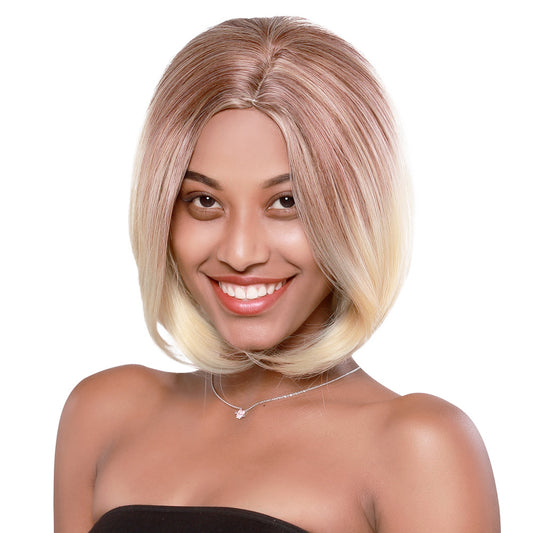 TJ Natural Mix Colors Gold Gradient Short Curly Hair Synthetic Wig Women Full Wigs