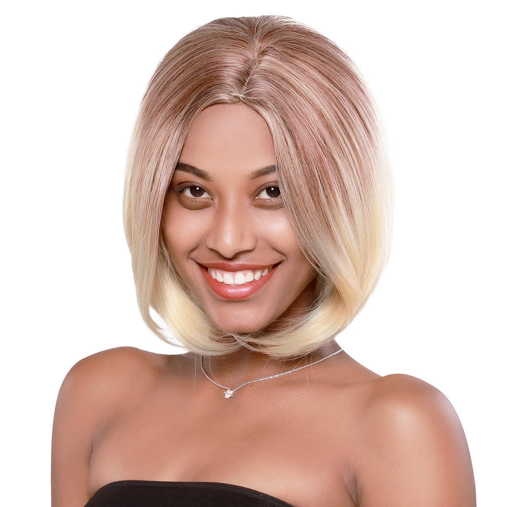 TJ Natural Mix Colors Gold Gradient Short Curly Hair Synthetic Wig Women Full Wigs