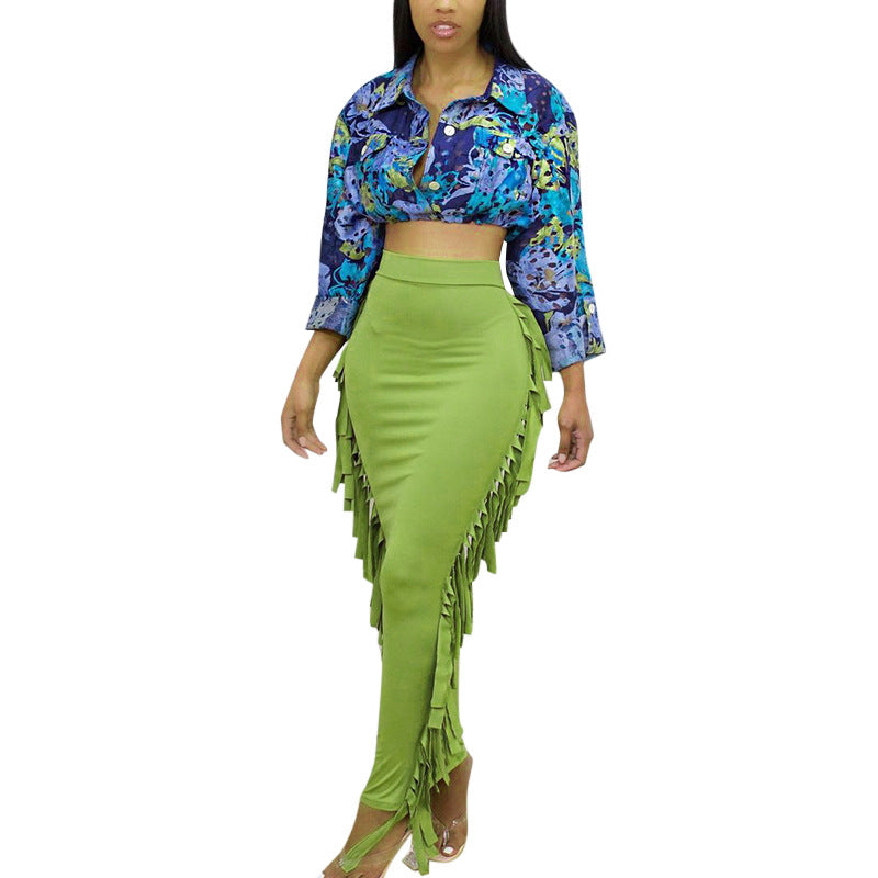 TJ Casual High Waist Pleated Mid-length Fringed Skirt