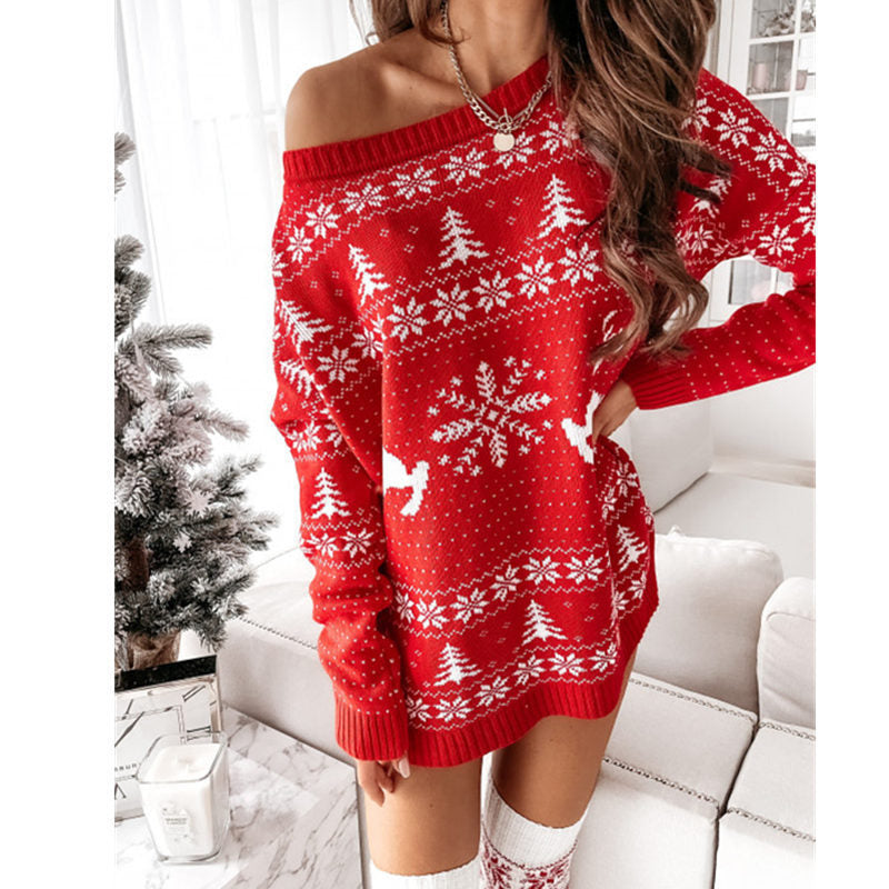TJ Ladies Christmas Jacquard Loose Knit Long Sleeve Dress